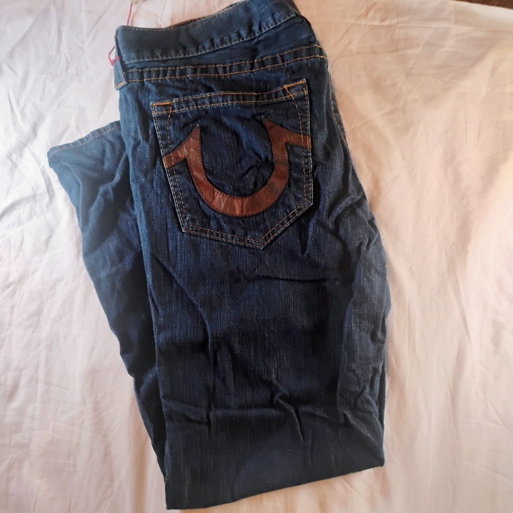 True Religion‎ Men's 38x34 Blue Denim Brown Leather Flap Pockets  Wide Leg USA